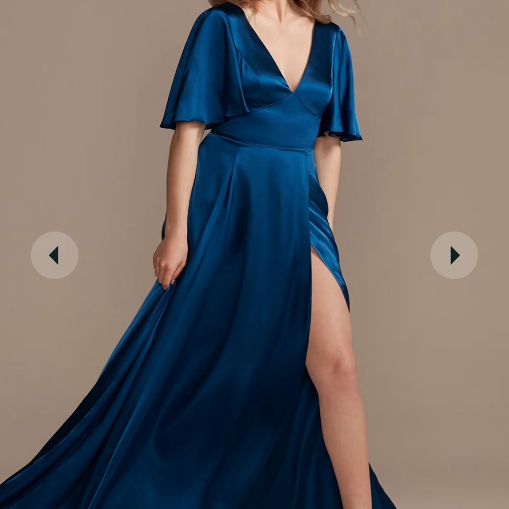 David's Bridal Blue Slit Maxi Gown with Flutter Sleeves
